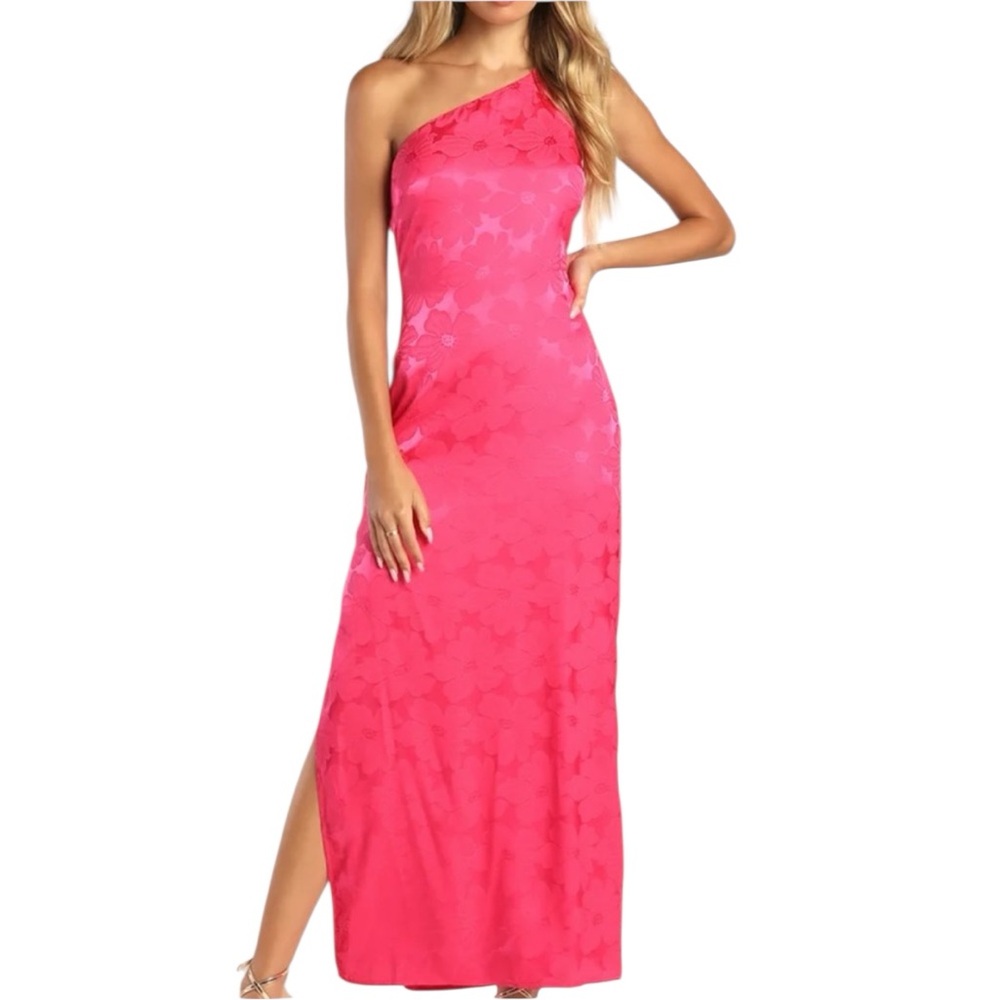 Lulus Hot Pink One Shoulder Jacquard Maxi Dress
